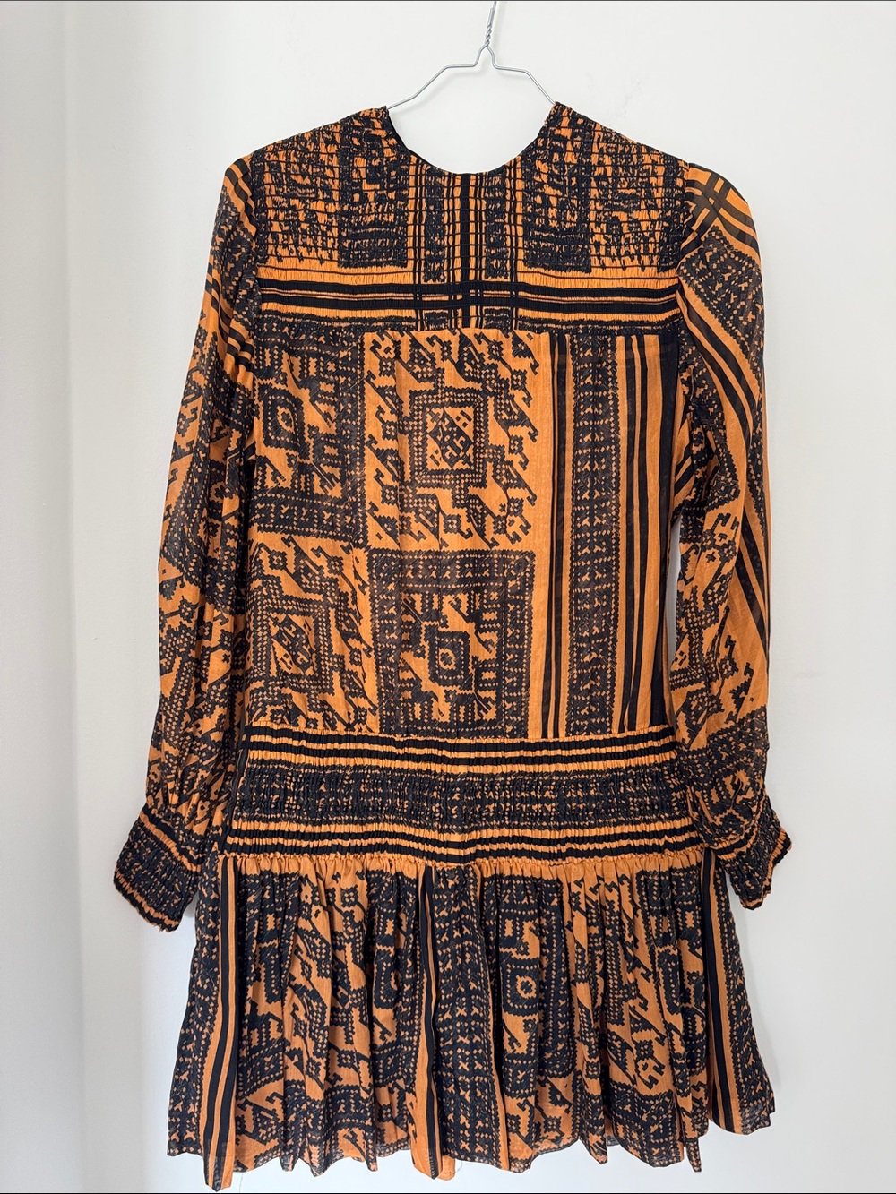 Women's Black & Orange Patterned Long-Sleeve Dress